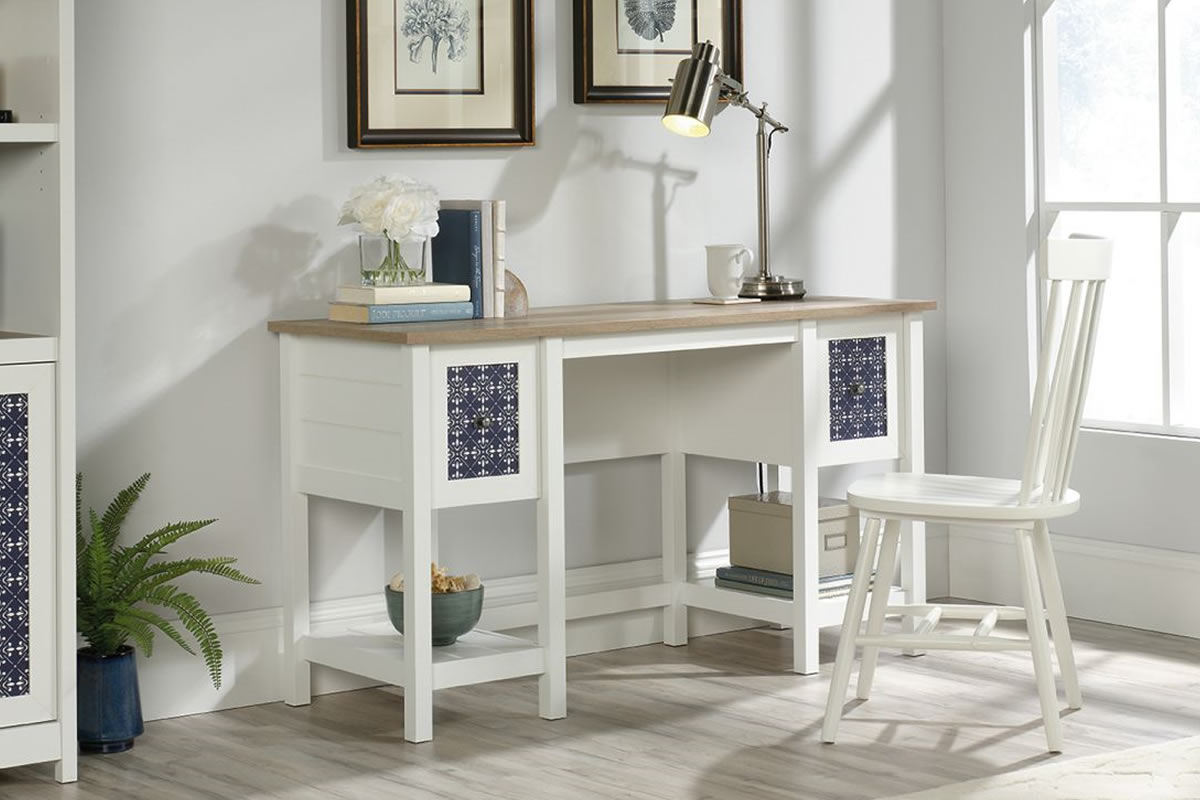 View White Shaker Style Home Office Work Station Study Desk Letter Size Filing Drawers Storage Area Light Oak Top With White Frame Mediterranean information