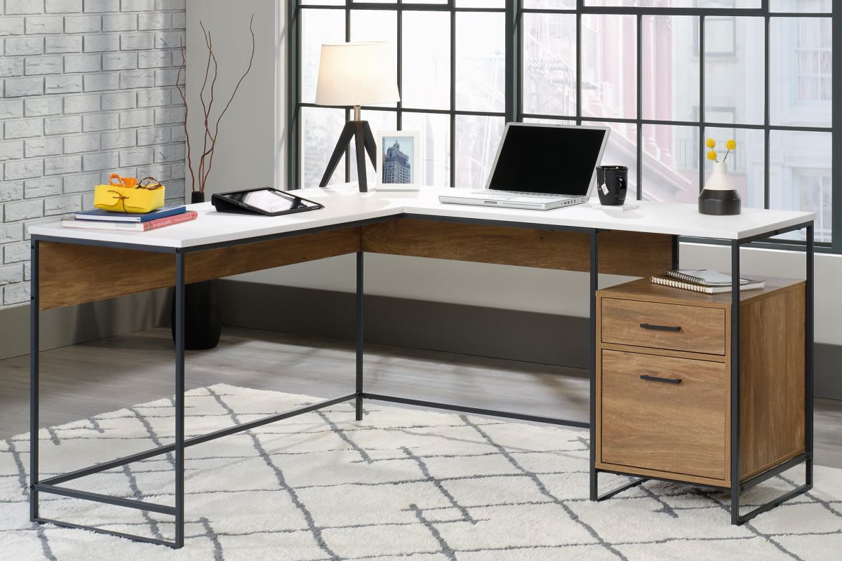 View Modern Urban Industrial Style Wooden LShaped Corner Home Office Study Workstation Laptop Office Desk BlackMetal Frame 2 Drawer Storage Moderna information