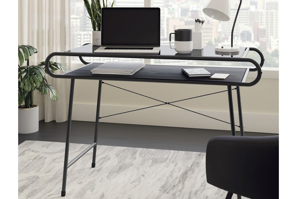 View Modern Black Metal And Glass Top Home Office Laptop Student Study Desk Single Shelf Storage Section Modern Curved Ends Metro Teknik information