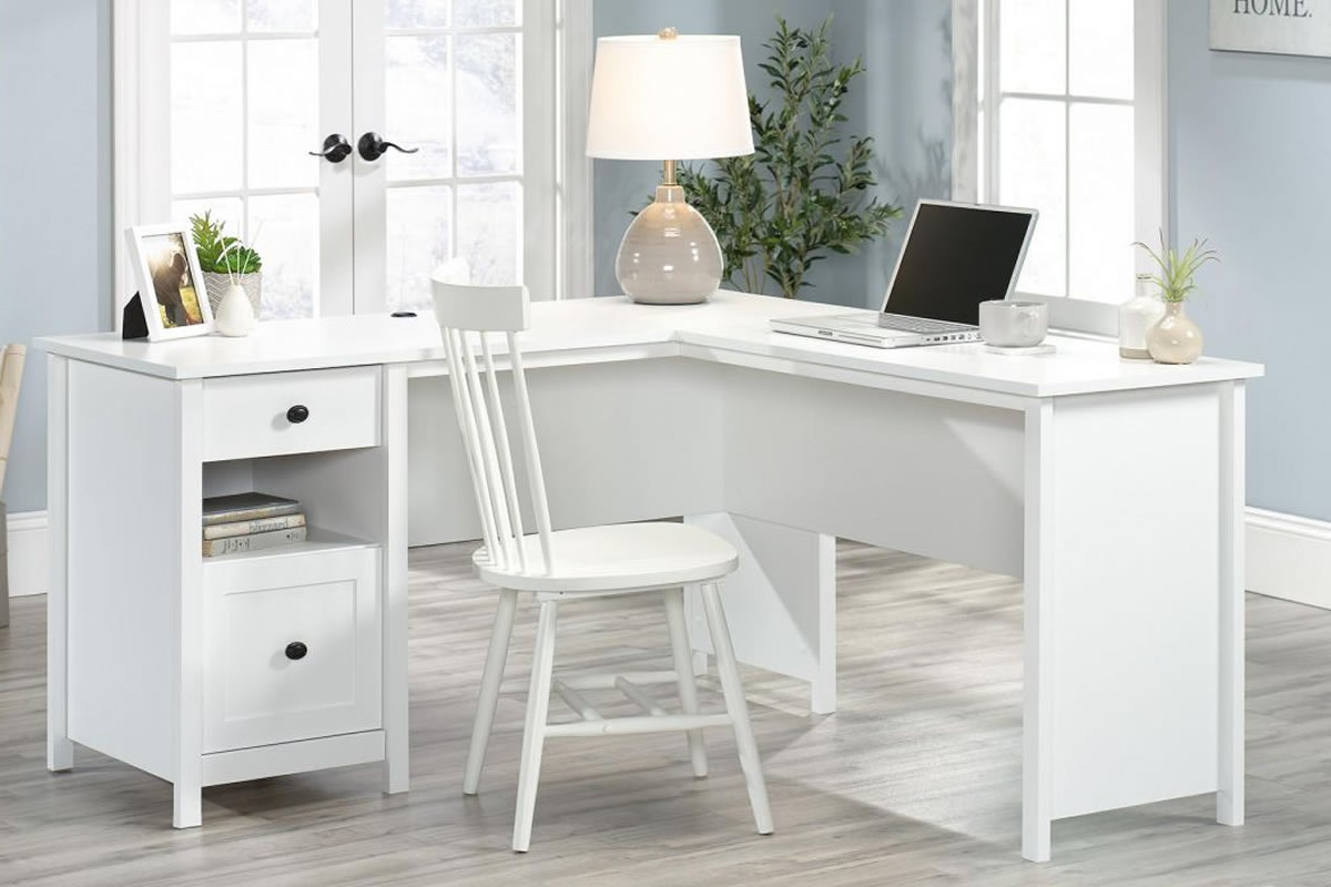 View White L Shaped Corner Home Office Laptop Computer Workstation Desk With Storage Drawers Shaker Style Design Letter Filing Drawer Home Study information
