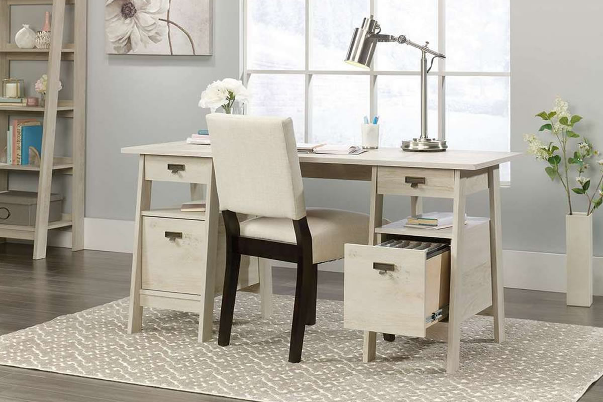 View White Executive Trestle Style Office Desk With Filing Drawers Cable Ports information