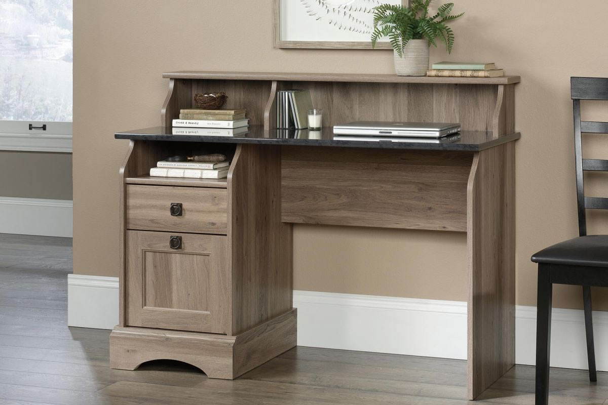 View Oak Single Pedestal Home Office Study Student Workstation Rosso Slate Finish Work Surface Drawer Cupboard Storage Space Farmhouse information