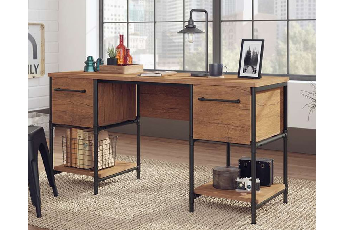 View Light Oak Industrial Style Wooden Twin Pedestal Home Office Study Desk Two Filing Storage Drawers Black Metal Frame Pull Handles Iron Foundry information