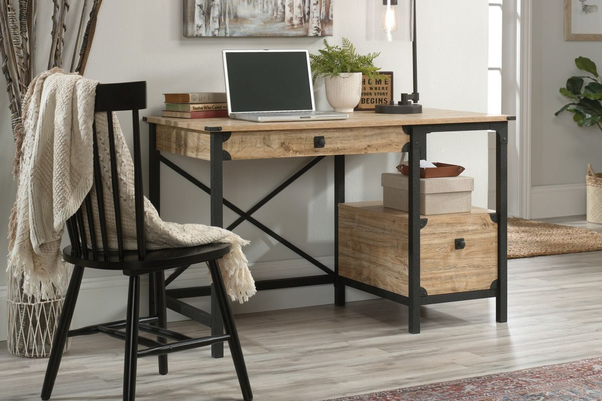 View Light Oak Wooden Home Office Desk With Metal Frame Storage Drawer Steel Gorge information