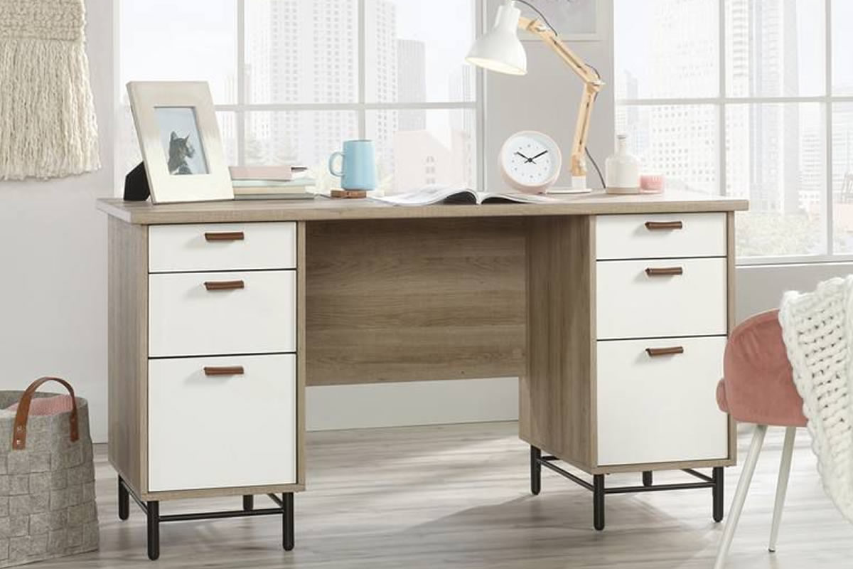 View Oak White Finish Home Office Desk With Double Pedestal Storage Drawers Leather Handles 2 x Filing Drawers 4 Box Drawers Avon information