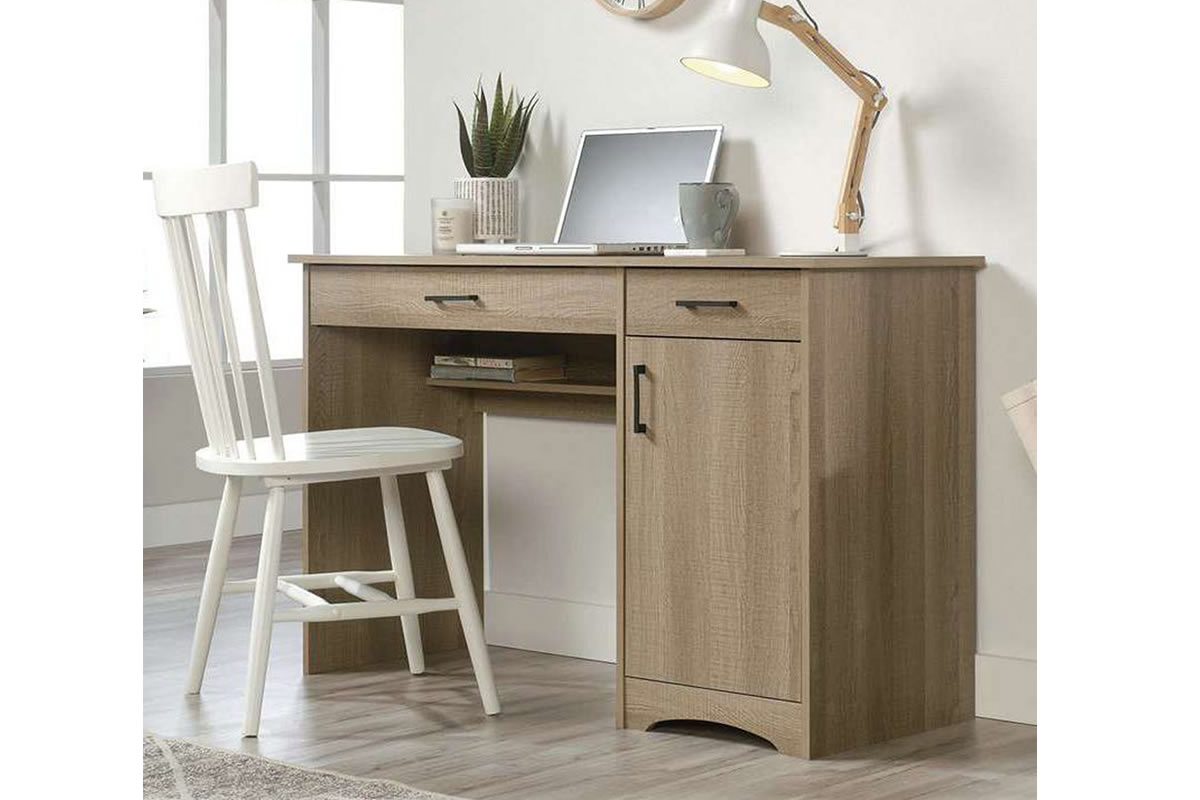 View Grey Oak Finish Wooden Single Pedestal Home Office Study Computer Student Computer Desk Two Storage Drawers Single Tall Cupboard Essentials information