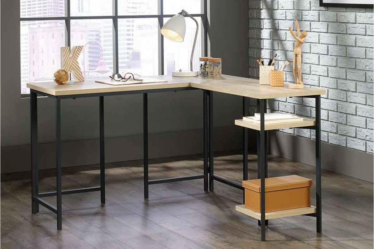 View Light Oak Corner L Shaped Home Office Study Workstation Desk Black Metal Frame Industrial Urban 90 Degree Desk Industrial L Shape information