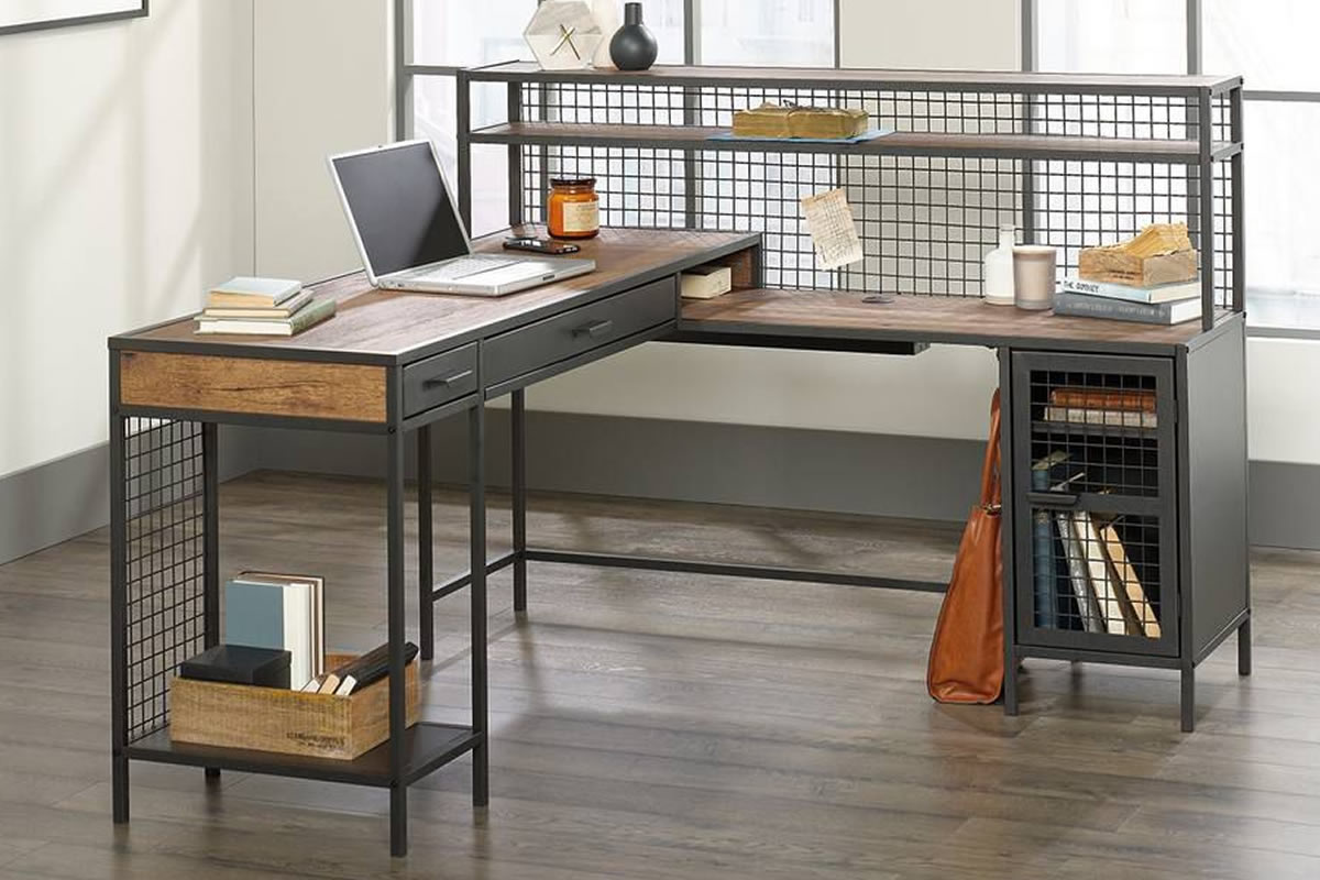 View Medium Oak L Shaped Industrial Style Corner Home Office Computer Study Desk With Black Metal Frame 2 Storage Drawers Cupboard Boulevard information