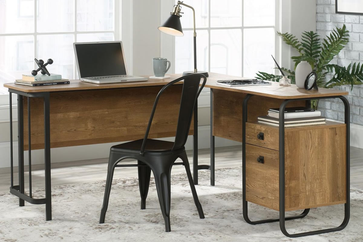 View Oak L Shaped Corner Home Office Laptop Workstation Desk With Industrial Metal Frame Storage Drawers One Filing One Box Drawer Stationmaster information