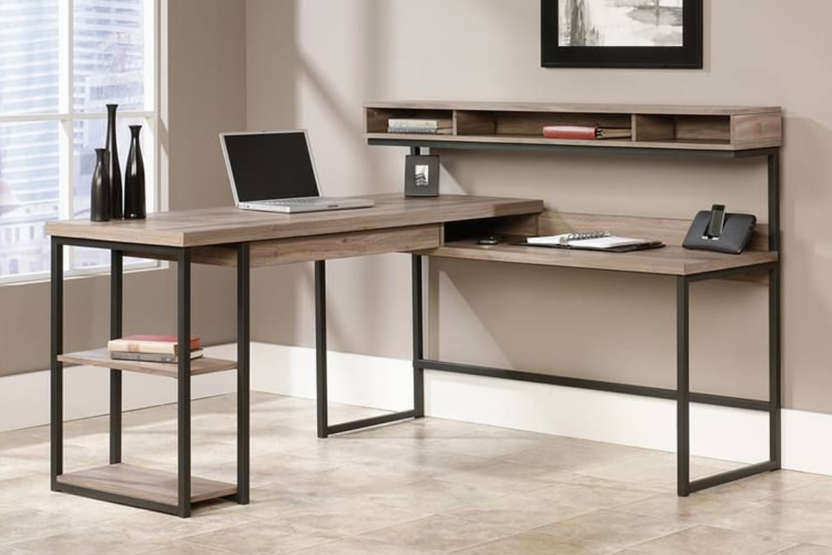 View Oak L Shaped Corner Office Desk With Metal Frame Storage Streamline information
