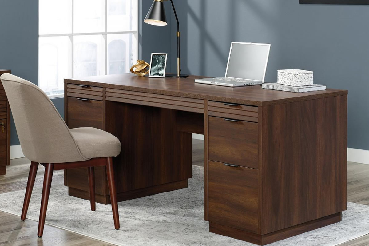 View Brown Mahogany Executive Home Office Laptop Computer Workstation Desk Double Pedestal Storage Drawers Filing Pen Tray Storage Elstree information