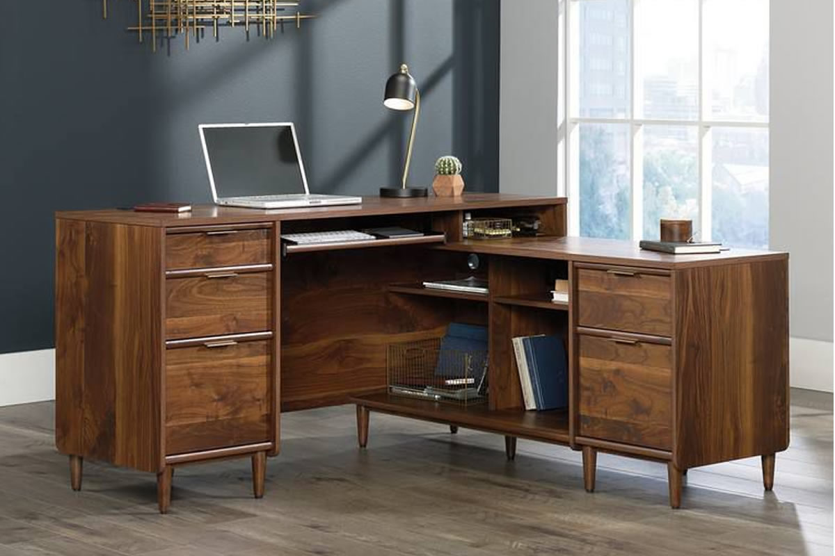 View Walnut Traditional Executive Corner LShaped Desk With Drawer Storage Brass Handles Two Filing Drawers 4 Box Drawers Clifton Place information