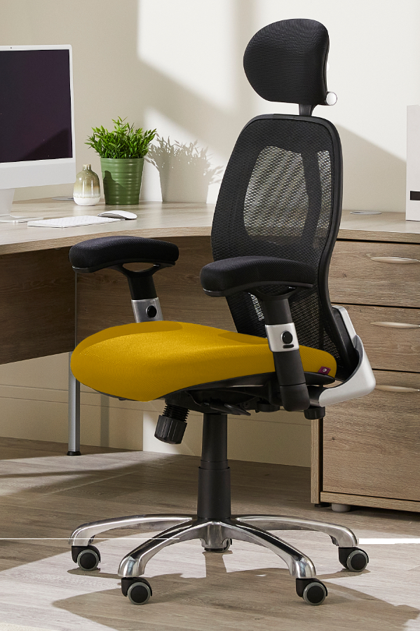 View Ergonomic High Back Mesh Home Office Chair With Headrest Deeply Padded Yellow Fabric Seat Adjustable Padded Arms Modern Look Style Cobhamly information