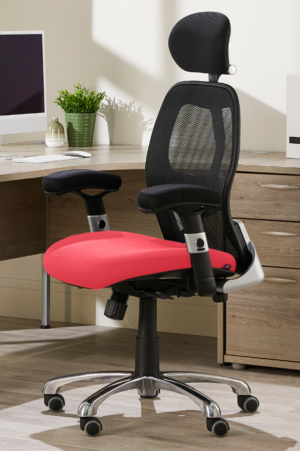 View Ergonomic High Back Mesh Home Office Chair With Headrest Deeply Padded Red Fabric Seat Adjustable Padded Arms Modern Look Style Cobhamly information