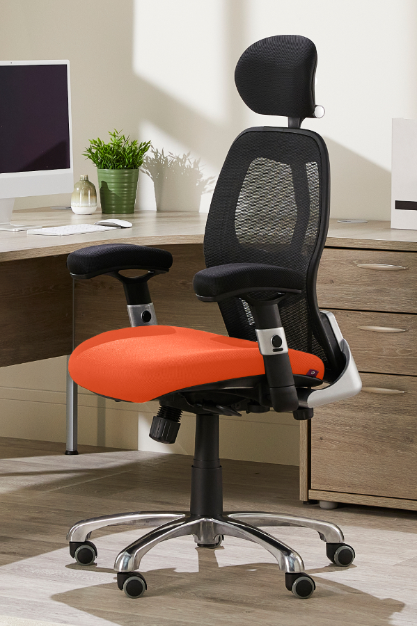 View Ergonomic High Back Mesh Home Office Chair With Headrest Deeply Padded Orange Fabric Seat Adjustable Padded Arms Modern Look Style Cobhamly information