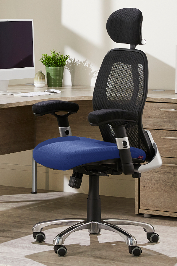 View Ergonomic High Back Mesh Home Office Chair With Headrest Deeply Padded Blue Fabric Seat Adjustable Padded Arms Modern Look Style Cobhamly information