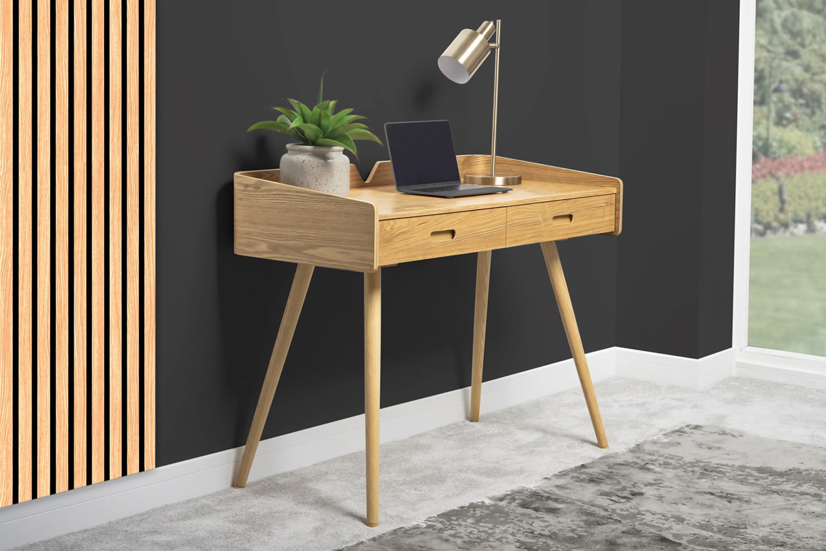 View Light Oak Wooden Rectangular Desk Two Storage Drawers Curved Design Turned Spindle Legs Vienna information