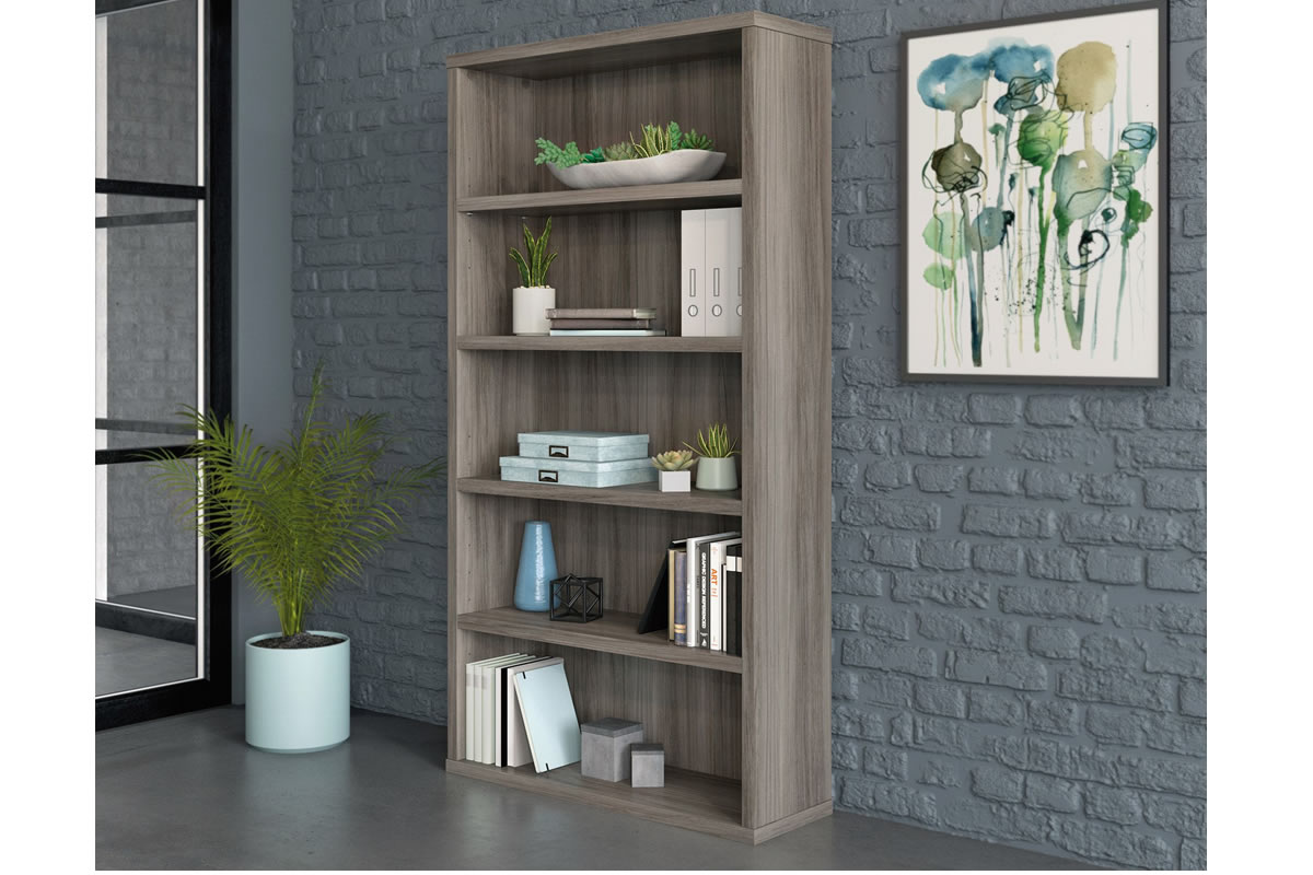 View Grey Oak Finish Tall Home Office Study Bookcase 168cm Tall Five Shelves 3 Are Adjustable Levelling Feet Metal Fixings Self Assembly information