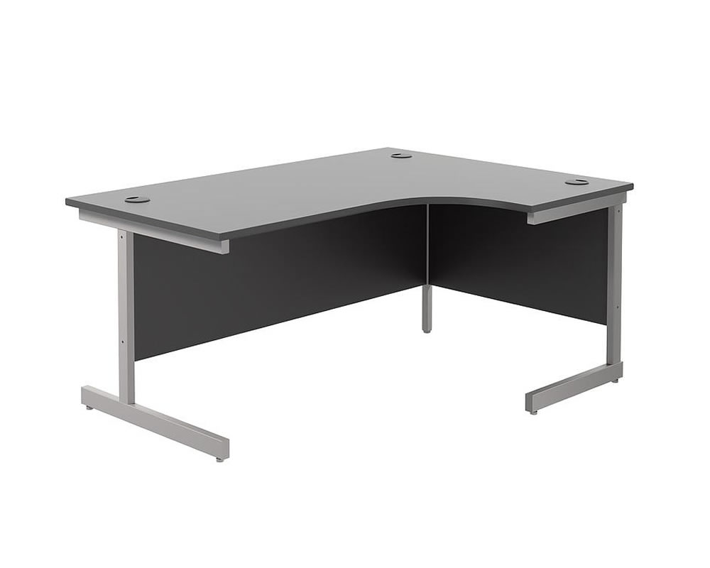 View Black 160cm x 120cm RightHanded LShaped Corner Cantilever Office Desk Three Cable Management Access Ports Silver Steel Frame Kestral information