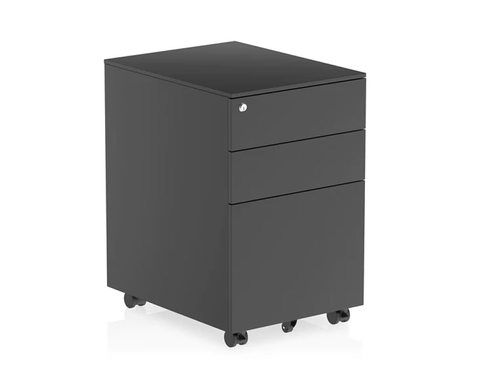 View Optima Black Steel Mobile Pedestal With 3 Lockable Drawers for your Valuable Documents Finger Flip Drawer Pull Holds Both A4 And Foolscap files information