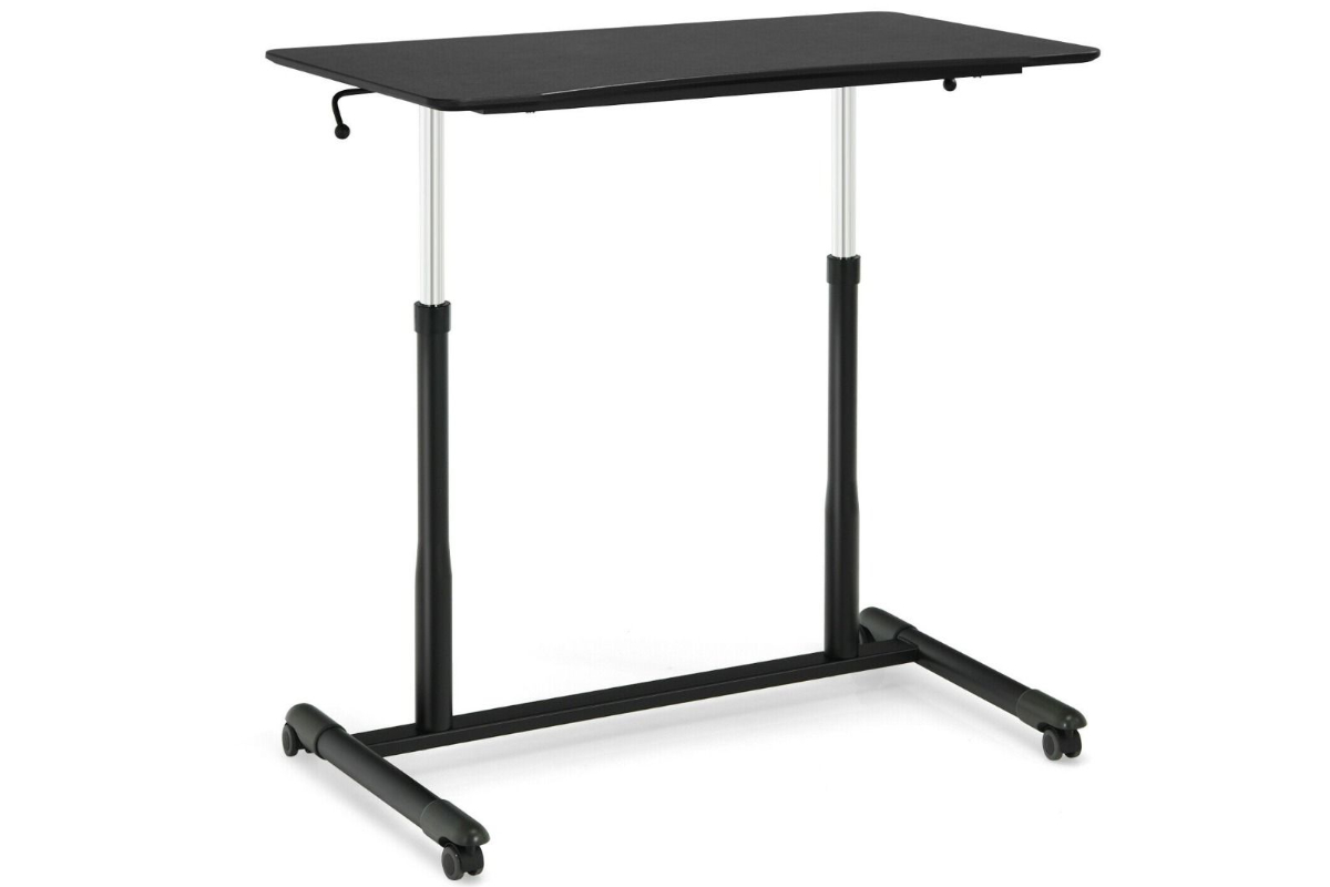 View Black Finish Height Adjustable Sit Stand Rectangular Office Desk Locking Wheels 95cm x 55cm 30kg Weight Capacity Black Steel Frame information