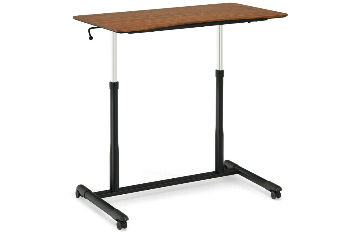 View Walnut Finish Height Adjustable Sit Stand Rectangular Office Desk Locking Wheels 95cm x 55cm 30kg Weight Capacity Black Steel Frame information