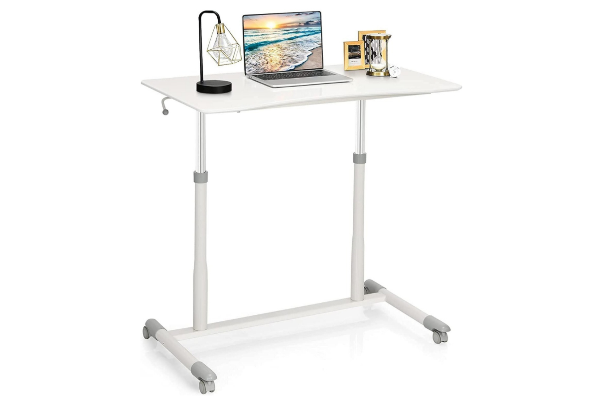 View White Finish Height Adjustable Sit Stand Rectangular Office Desk Locking Wheels 95cm x 55cm 30kg Weight Capacity Black Steel Frame information