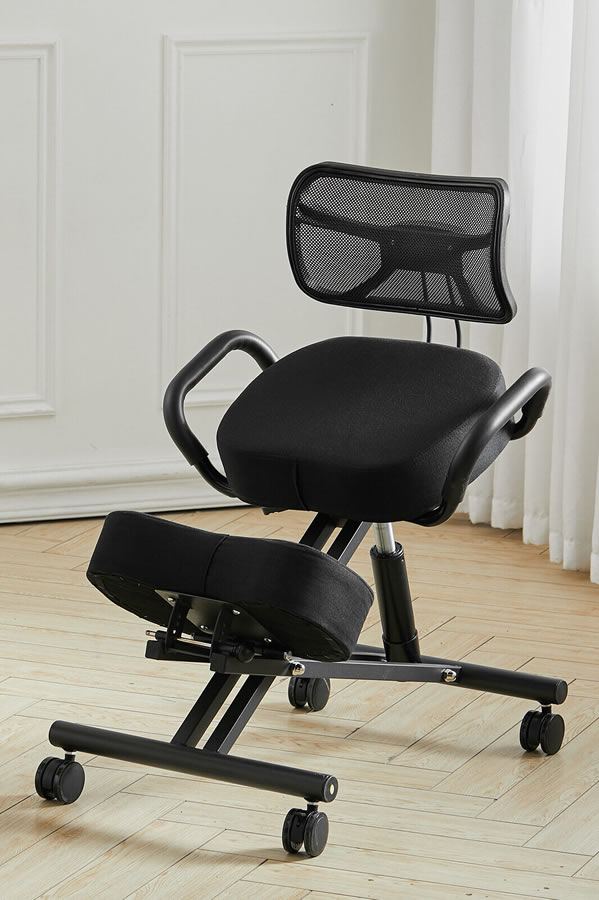 View Black Ergonomic Kneeling Stool Including Breathable Mesh Backrest Deeply Padded Cushioning Steel Arms Locking Wheels Promotes Better Posture information