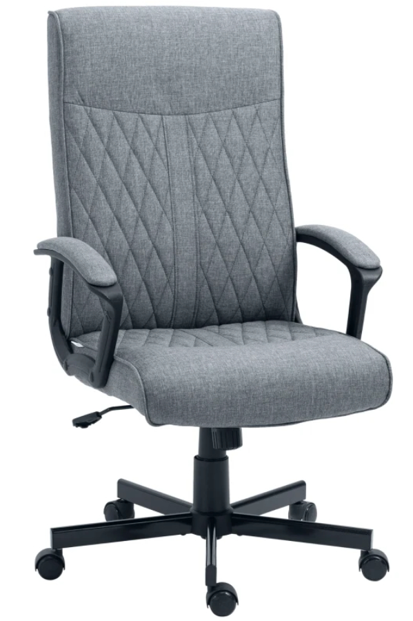 View Quilted Dark Grey High Back Fabric Upholstered Home Office Chair Deeply Padded Seat Backrest Fixed Loop Armrests Tested To 120kg Gideon information