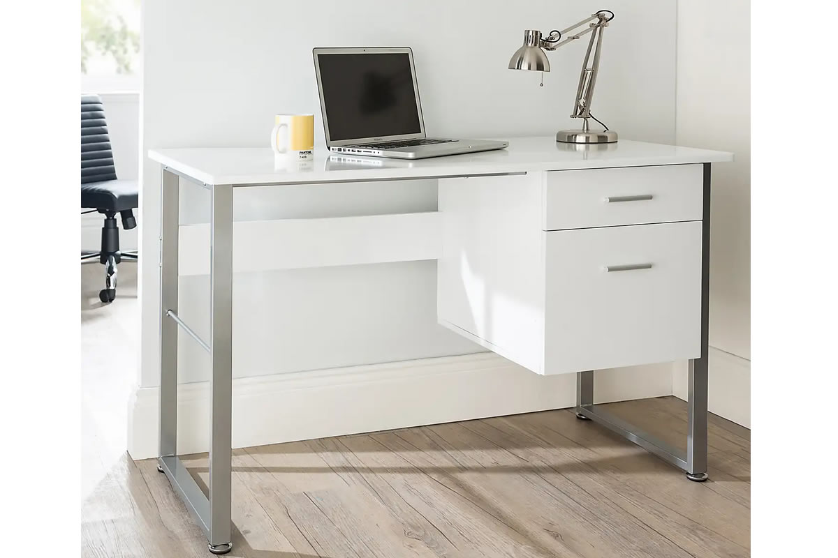 View Modern Small White Home Office Computer Desk With 2 Drawers Desk With Storage Ideal For Students 120cm x 76cm Cabrini Desk  information