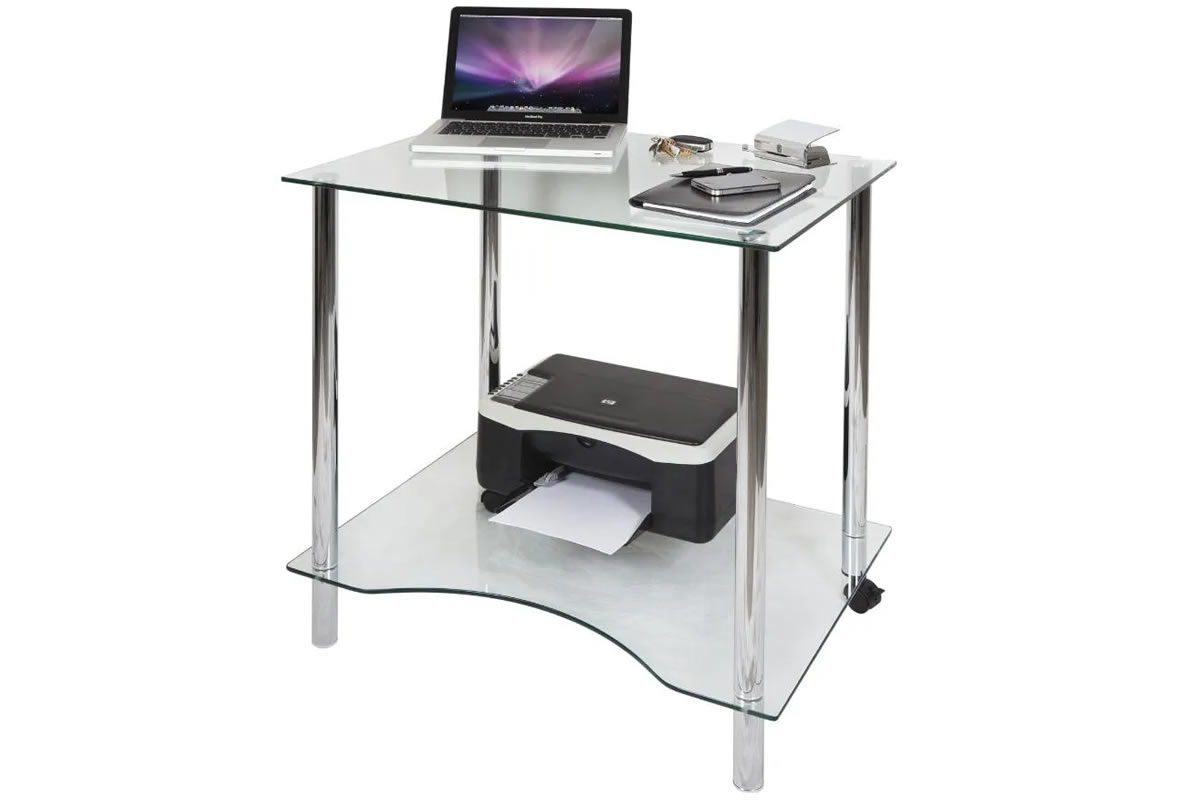 View Modern Glass Computer PC Desk Glass Storage Shelf Small Home Office Setup Workstation Studio Desk Crystal Workstation information