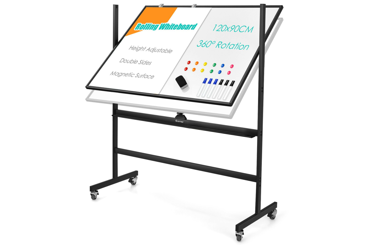View Black Height Adjustable Magnetic DoubleSided Portable Display Whiteboard With Locking Wheels 90cm x 120cm School Office Usage Aluminum Frame information