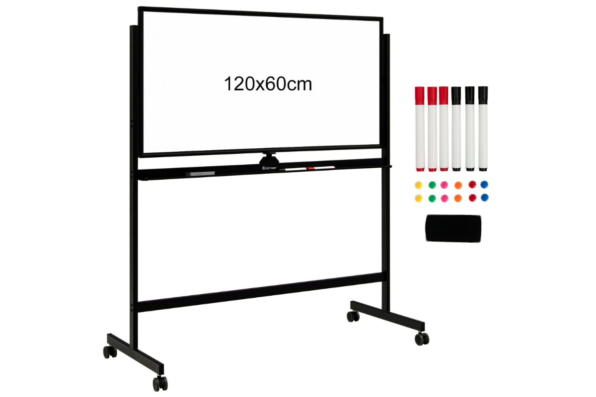 View Black Height Adjustable Magnetic DoubleSided Portable Display Whiteboard With Locking Wheels 120cm x 60cm School Office Usage Aluminum Frame information