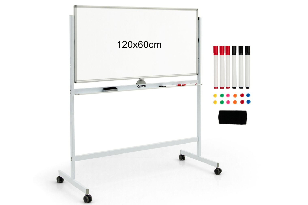 View White Height Adjustable Magnetic DoubleSided Portable Display Whiteboard With Locking Wheels 120cm x 60cm School Office Usage Aluminum Frame information