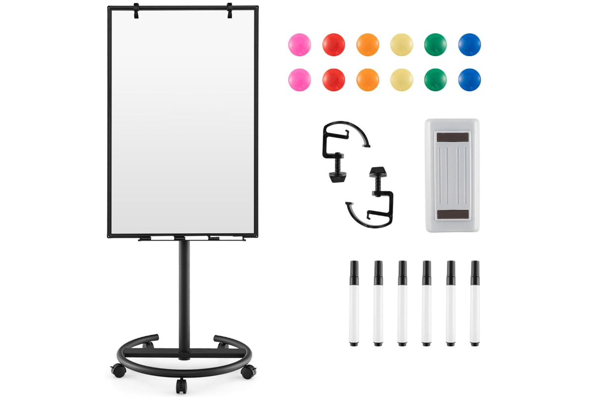 View Black Height Adjustable Magnetic Portable Display Whiteboard With Locking Wheels 100cm x 65cm School Office Usage Aluminum Frame information
