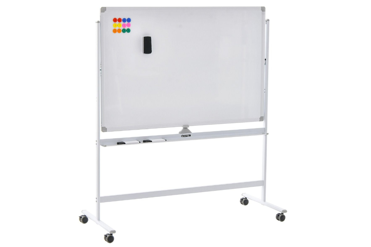 View White Height Adjustable Magnetic DoubleSided Portable Display Whiteboard With Locking Wheels 120cm x 80cm School Office Usage Aluminum Frame information