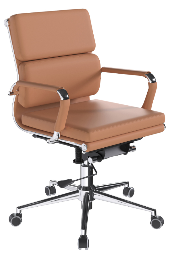 View Avanti Modern Tan Brown Leather Medium Back Office Chair Single Lever Height Back Recline Adjustment Chrome Arms Base Designer Style Office information