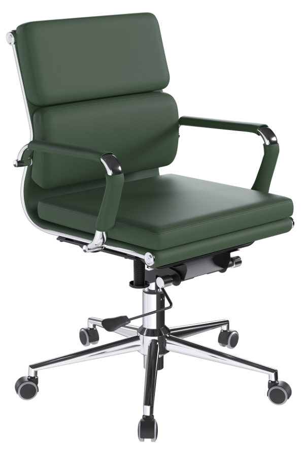 View Avanti Modern Green Leather Medium Back Office Chair Single Lever Height Back Recline Adjustment Chrome Arms Base Designer Style Office Cha information