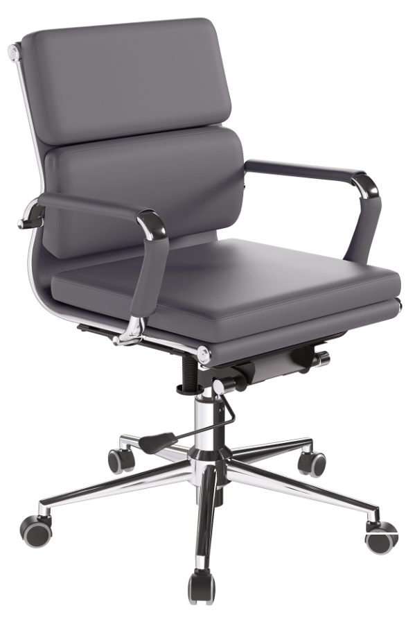 View Avanti Modern Grey Leather Medium Back Office Chair Single Lever Height Back Recline Adjustment Chrome Arms Base Designer Style information