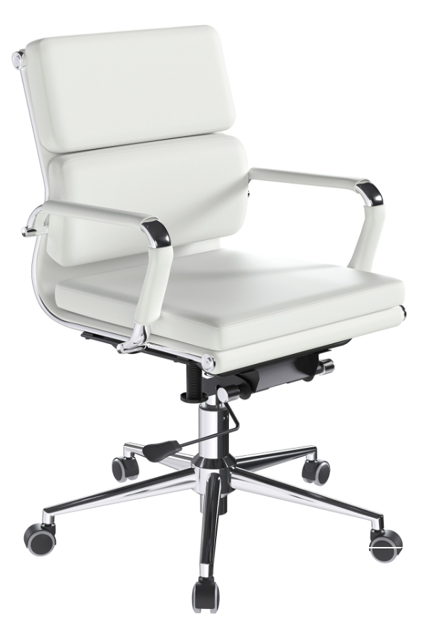 View Avanti Modern White Leather Medium Back Office Chair Single Lever Height Back Recline Adjustment Chrome Arms Base Designer Style information