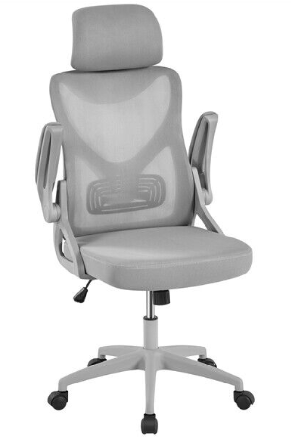 View Grey Brisley High Back Mesh Office Chair With Folding Arms Adjustable Headrest Deeply Padded Seat Cushion Single Lever Height Back Recline Mec information