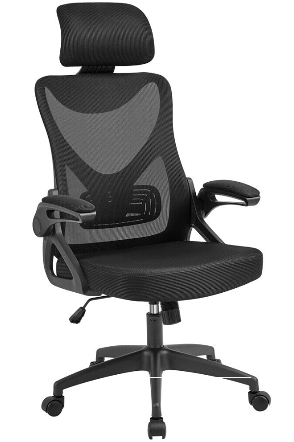 View Black Brisley High Back Mesh Office Chair With Folding Arms Adjustable Headrest Deeply Padded Seat Cushion Single Lever Height Back Recline Me information