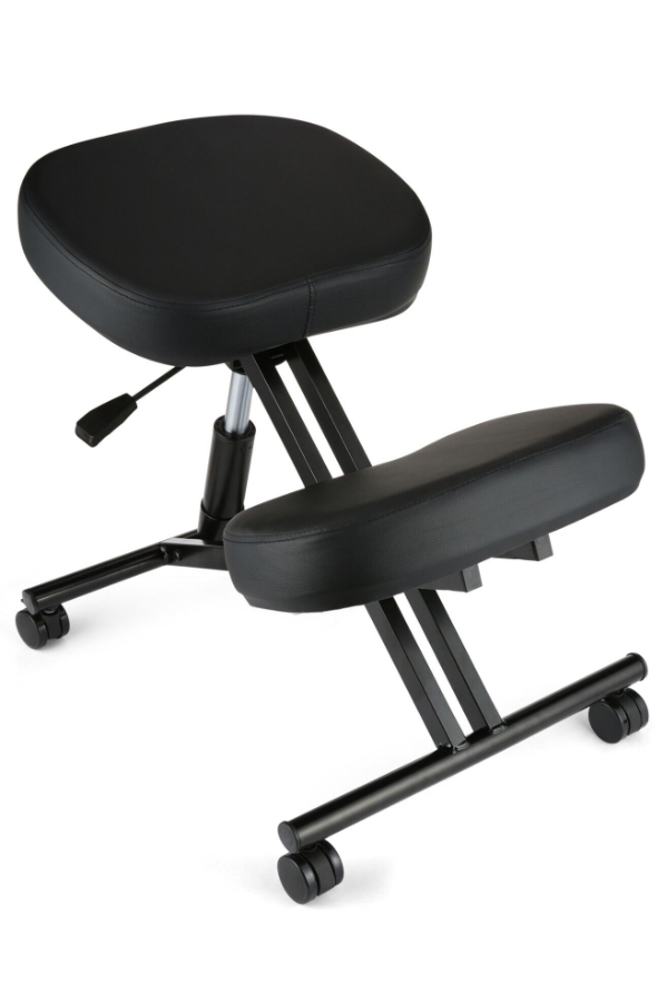 View Black Vinyl Vegan Leather Posture Kneeling Chair Stool Lockable Easy Glide Wheels Wipeable Surface Ergonomicly Height Adjustable Steel Frame information