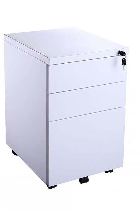 View White Metal Mobile Office Storage Pedestal 2 Box Storage Drawers 1 Filing Drawer For A4 Files Locking Drawers Easy Glide Wheels information