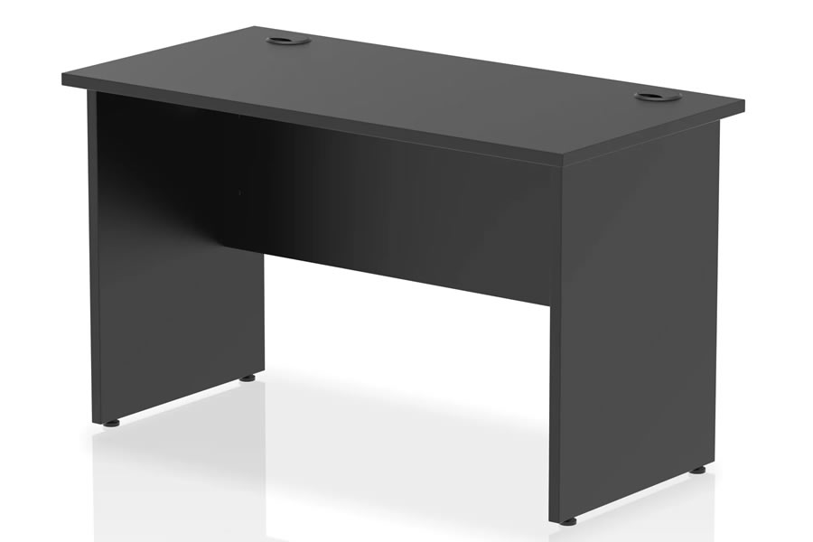 View 120cm x 60cm Black Rectangular Straight Computer Office Desk Panel Leg Frame 5 Year Guarantee 2 Cable Access Points Scratch Resistant Optima information