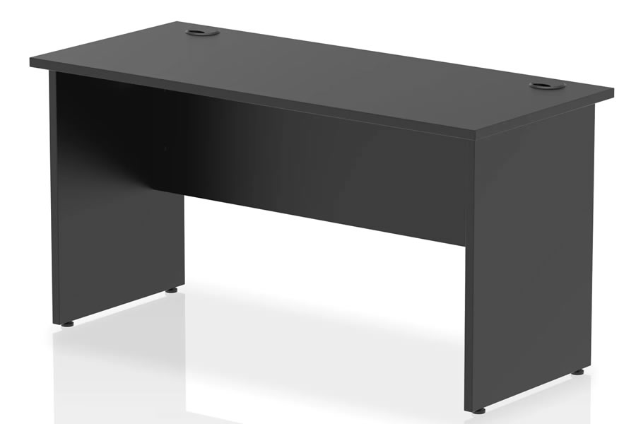 View Optima Black Rectangular Straight Office Desk 1400mm x 600mm Panel Leg Frame 5 Year Guarantee 2 Cable Access Points Scratch Resistant information