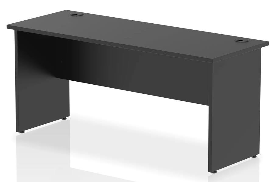 View Optima Black Rectangular Straight Office Desk 1600mm x 600mm Panel Leg Frame 5 Year Guarantee 2 Cable Access Points Scratch Resistant information