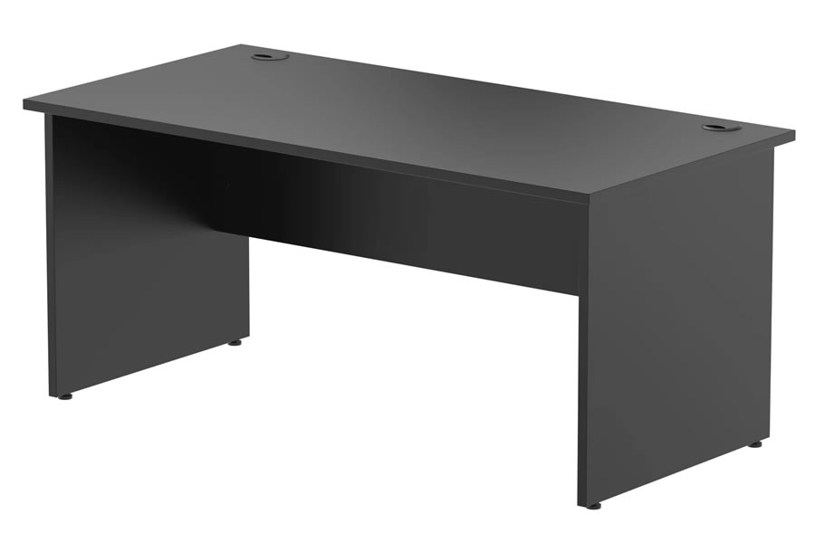 View Optima Black Rectangular Straight Office Desk 1600mm x 800mm Panel Leg Frame 5 Year Guarantee 2 Cable Access Points Scratch Resistant information