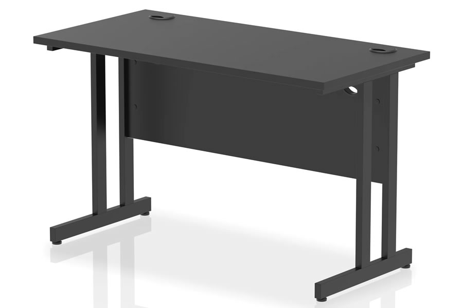View Optima Black Rectangular Cantilever Office Desk 1200 x 600mm Wide Straight Office Desk Two Cable Management Access Points Black Cantilever Frame information