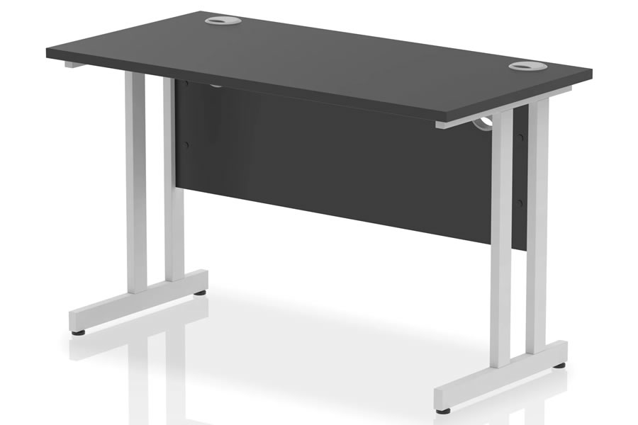 View Optima Black Rectangular Cantilever Office Desk 1200 x 600mm Wide Straight Office Desk Two Cable Management Access Points Silver Cantilever Frame information